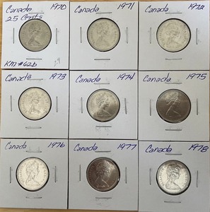 Nine Different Canadian Quarters 1970 to 1978