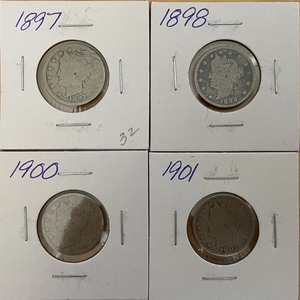 Four Liberty Head Nickels - 1897, 1898, 1900, & 1901
