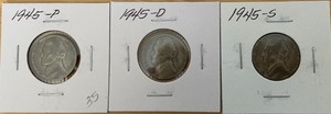 Three Silver War Nickels - 1945 P, D, & S