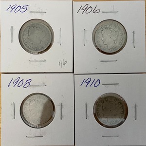 Four Different Liberty Head Nickels - 1905, 1906, 1908, 1910