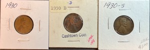 Three Different Lincoln Wheat Pennies - 1930 P, D, & S