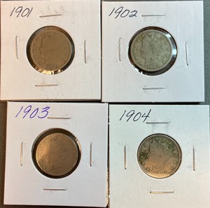 Four Different Liberty Head Nickels - 1901, 1902, 1903, & 1904