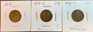 Three Different Lincoln Wheat Pennies - 1919 P, D, & S