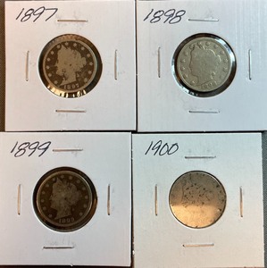 Four Different Liberty Head Nickels - 1897, 1898, 1899, & 1900