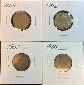 Four Different Liberty Head Nickels - 1905, 1906, 1907, & 1908