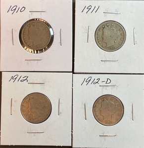 Four Different Liberty Head Nickels - 1910, 1911, 1912, & 1912-D