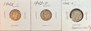 Three Different Mercury Dimes - 1942 P, D, & S