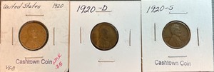 Three Different Lincoln Wheat Pennies - 1920 P, D, & S