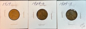Three Different Lincoln Wheat Pennies - 1929 P, D, & S