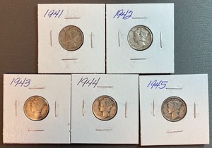Five Different Mercury Dimes 1941 to 1945