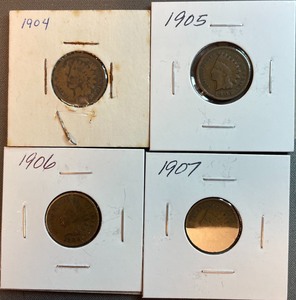 Four Different Indian Head Pennies - 1904, 1905, 1906, & 1907