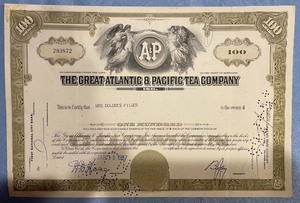 Great Atlantic & Pacific Tea Co. Cancelled Stock Certificate