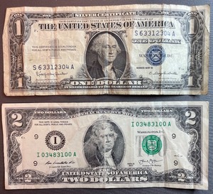 Two Different US Currency Bills $1 S 63312304 A, $2 I 03483100 A