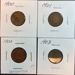 Four Different Indian Head Pennies - 1900, 1901, 1902, & 1903
