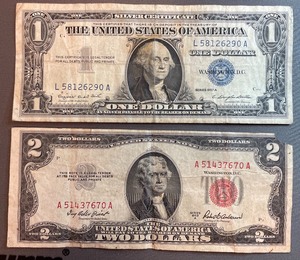 Two Different Bills $1 L 58126290 A, $2 A 51437670 A