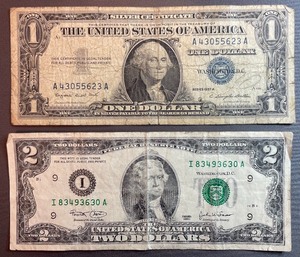 Two Different US Currency Bills $1 A 43055623 A, $2 I 83493630 A
