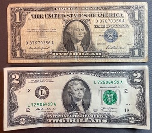 Two Different US Currency Bills $1 X 37670356 A, $2 L 72506499 A