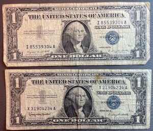 Two Different US Silver Certificates $1 X 31904234 A, I 85539304 A