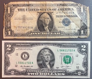 Two Different US Currency Bills $2 2013 L 56811722 A, $1 J 75799180 A