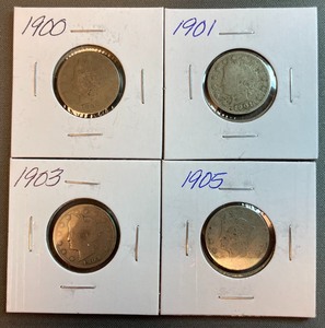 Four Different Liberty Head Nickels 1900, 1901, 1903, & 1905
