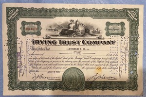 Irving Trust Co. Stock Certicate