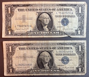 Two Different Silver Certificates $1 L 75607670 A, L 29281446 A