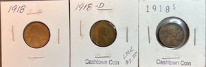 Three Different Lincoln Wheat Pennies - 1918 P, D, & S