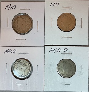 Four Different Liberty Head Nickels - 1910, 1911, 1912, & 1912-D