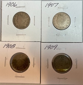 Four Different Liberty Head Nickels - 1906, 1907, 1908, & 1909