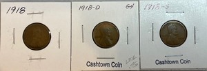 Three Different Lincoln Wheat Pennies - 1918 P, D, & S