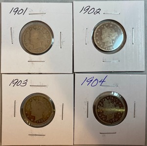 Four Different Liberty Head Nickels - 1901, 1902, 1903, & 1904