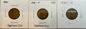 Three Different Lincoln Wheat Pennies - 1930 P, D, & S