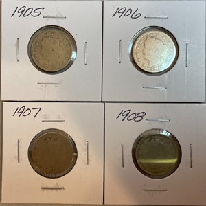 Four Different Liberty Head Nickels - 1905, 1906, 1907, & 1908