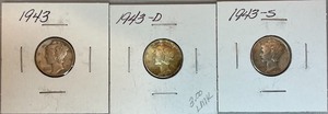 Three Different Mercury Dimes - 1943 P, D, & S