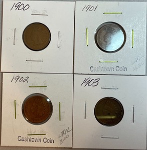 Four Different Indian Head Pennies - 1900, 1901, 1902, & 1903