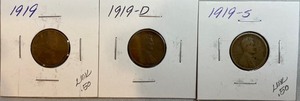 Three Different Lincoln Wheat Pennies - 1919 P, D, & S