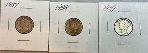 Three Different Mercury Dimes - 1937, 1938, & 1939
