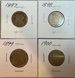 Four Different Liberty Head Nickels - 1897, 1898, 1899, & 1900