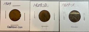 Three Different Lincoln Wheat Pennies - 1929 P, D, & S