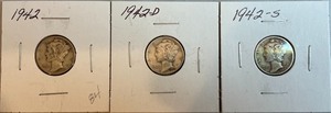 Three Different Mercury Dimes - 1942 P, D, & S