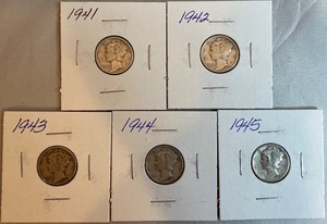 Five Different Mercury Dimes - 1941 to 1945