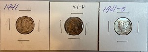 Three Different Mercury Dimes - 1941-P, D, & S