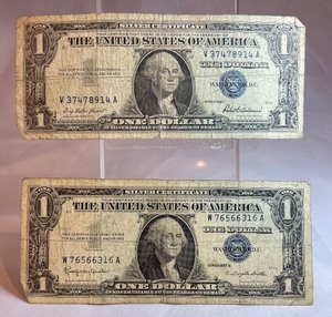 Two Different $1 Silver Certificates - V 37478914 A, W 76566316 A