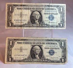 Two Different $1 Silver Certificates - K 8669149 A, J 21463467 A