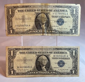 Two Silver Certificates - &1, W 39356481 A, V 01786764 A