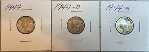 Three Different Mercury Dimes - 1944 P, D, & S