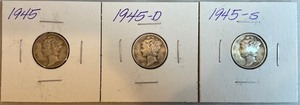 Three Different Mercury Dimes - 1945 P, D, & S