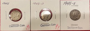 Three Different Mercury Dimes - 1945 P, D, & S