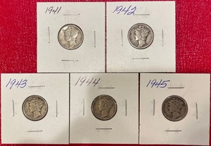 Five Different Mercury Dimes - 1941 thru 1945