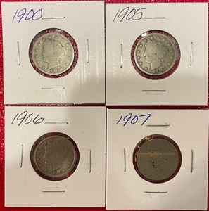 Four Different Liberty Head Nickels - 1900, 1905, 1906, & 1907
